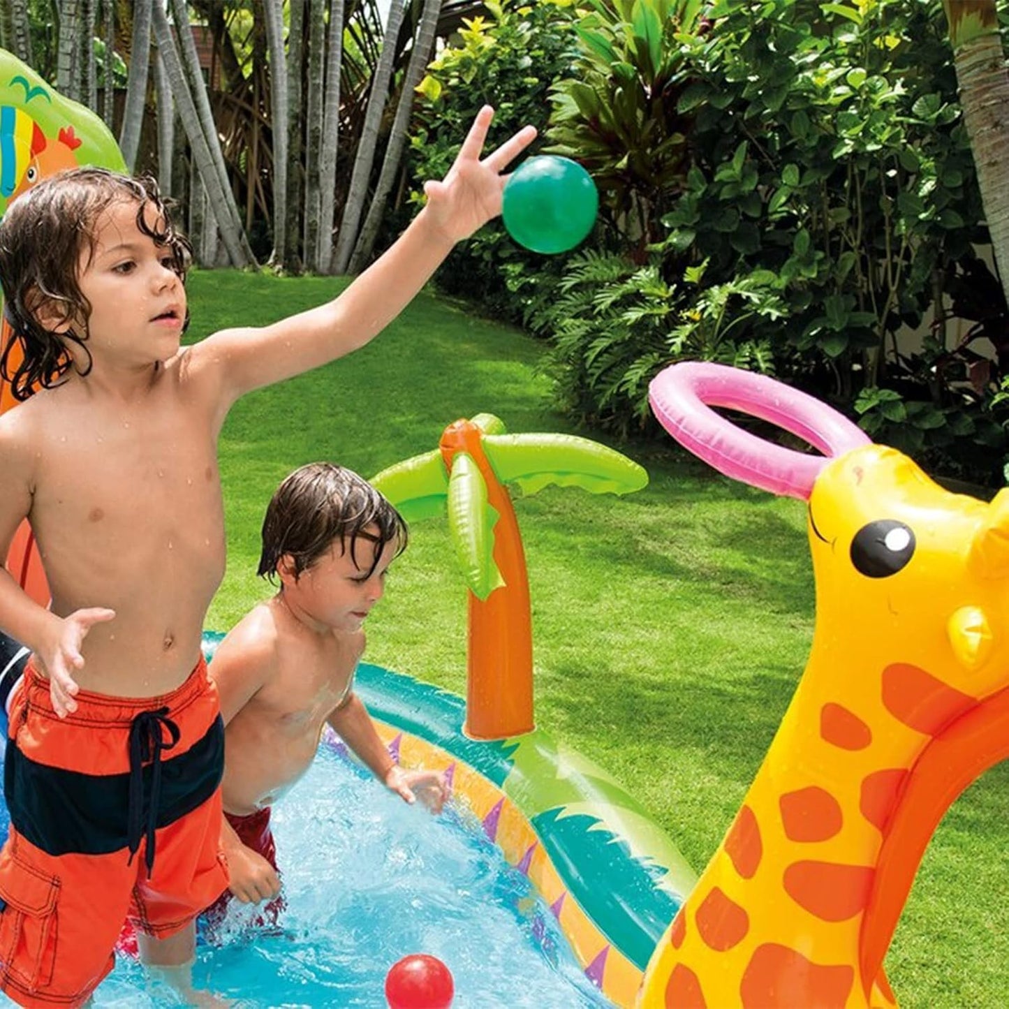 Intex Jungle Speelzwembad – Opblaasbaar Kinderzwembad met Glijbaan, Waterval & Speelfiguren – 216x188x124 cm