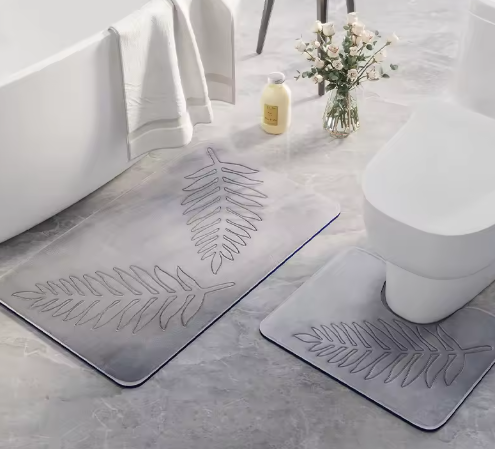 2-Delige Zachte Geheugenfoam Badmat Set- WC-mat – Absorberend & Antislip – Wasbare Badkamer Matten met Varenblad Reliëf