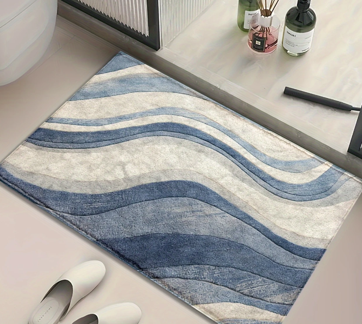 Minimalistische Badmat – Blauw & Wit – Antislip, Sneldrogende Microvezel, Wasbaar en Zacht Pluche