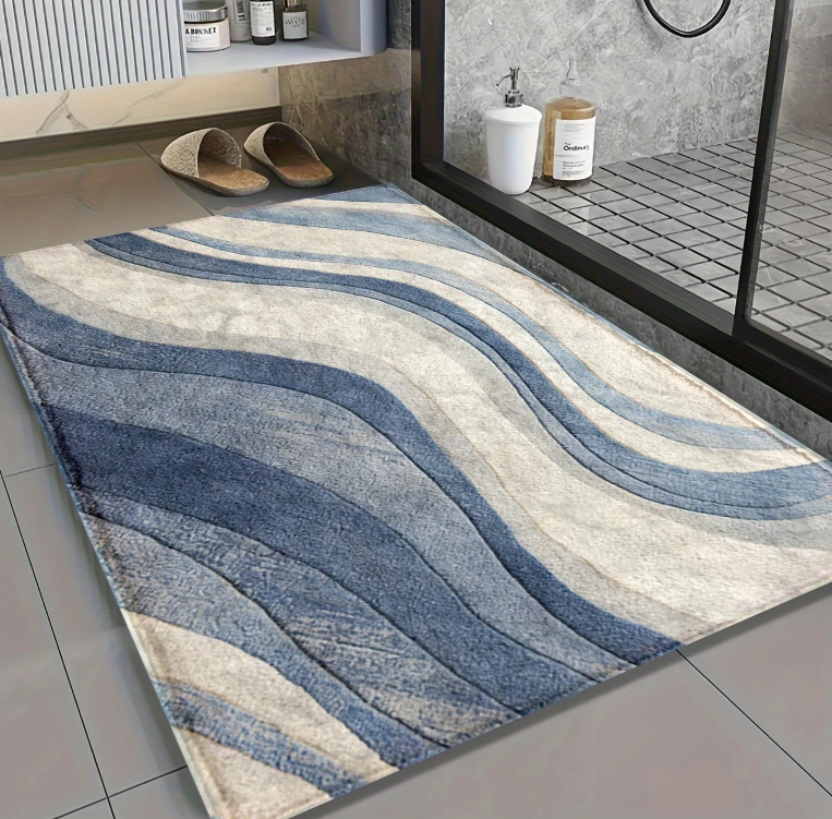 Minimalistische Badmat – Blauw & Wit – Antislip, Sneldrogende Microvezel, Wasbaar en Zacht Pluche