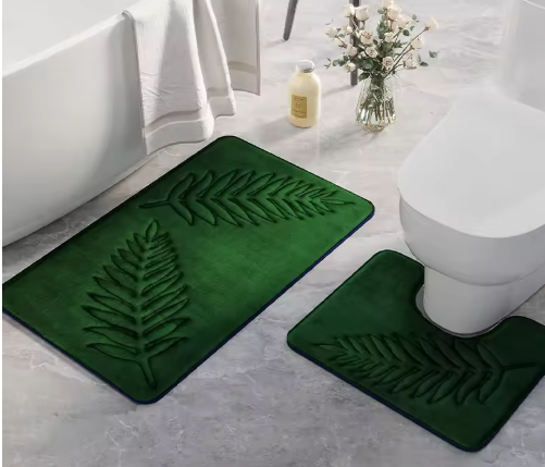 2-Delige Zachte Geheugenfoam Badmat Set- WC-mat – Absorberend & Antislip – Wasbare Badkamer Matten met Varenblad Reliëf