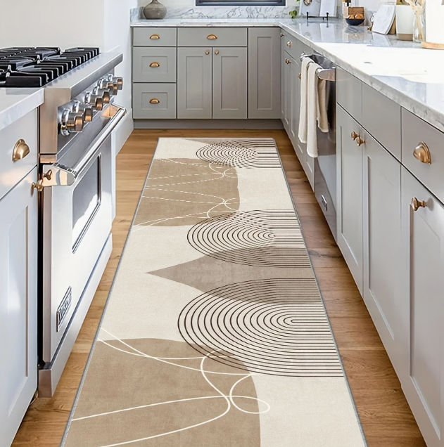 Moderne Abstract Geometrische Loper – Beige/Wit – Luxe Imitatie Kasjmier, Lichtgewicht en Comfortabel