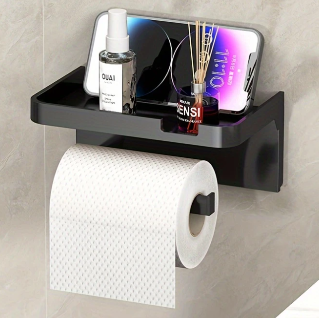 Multifunctionele Zelfklevende Toiletrolhouder met Opbergvak – Zwart