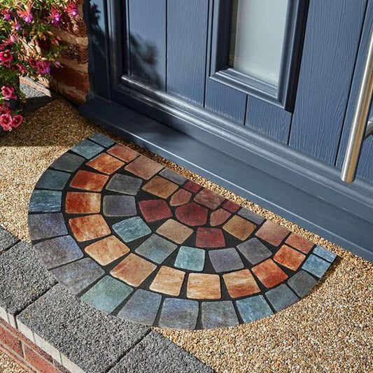 Elegante zwaar belastbare entreemat barrière deurmat voor binnen en buiten - halve maan (75 x 44 cm) blauwe rand door mat