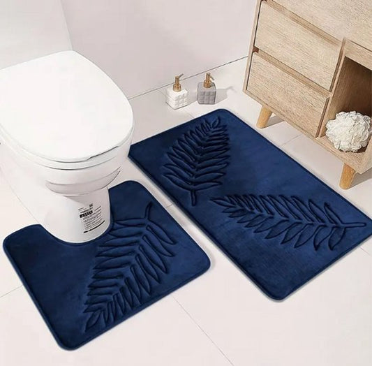 2-Delige Zachte Geheugenfoam Badmat Set- WC-mat – Absorberend & Antislip – Wasbare Badkamer Matten met Varenblad Reliëf