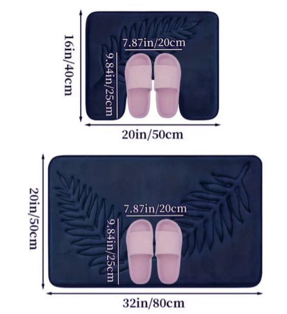 2-Delige Zachte Geheugenfoam Badmat Set- WC-mat – Absorberend & Antislip – Wasbare Badkamer Matten met Varenblad Reliëf