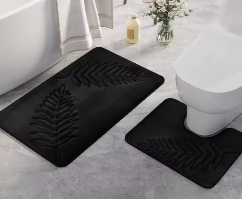 2-Delige Zachte Geheugenfoam Badmat Set- WC-mat – Absorberend & Antislip – Wasbare Badkamer Matten met Varenblad Reliëf
