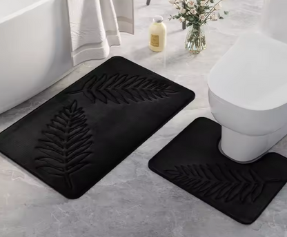 2-Delige Zachte Geheugenfoam Badmat Set- WC-mat – Absorberend & Antislip – Wasbare Badkamer Matten met Varenblad Reliëf
