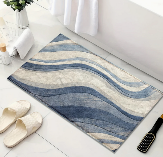 Minimalistische Badmat – Blauw & Wit – Antislip, Sneldrogende Microvezel, Wasbaar en Zacht Pluche