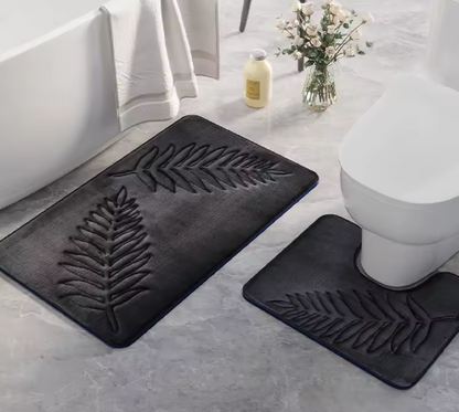 2-Delige Zachte Geheugenfoam Badmat Set- WC-mat – Absorberend & Antislip – Wasbare Badkamer Matten met Varenblad Reliëf