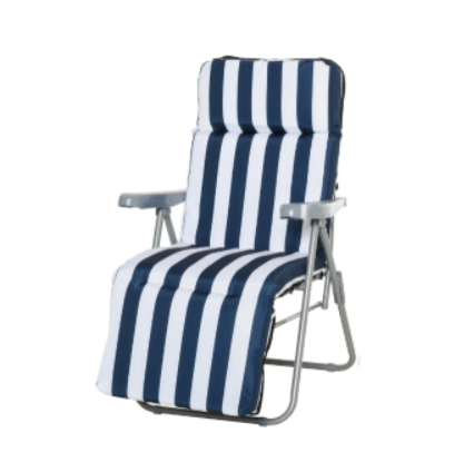Ligstoel voor in de tuin met blauw witte hoes
