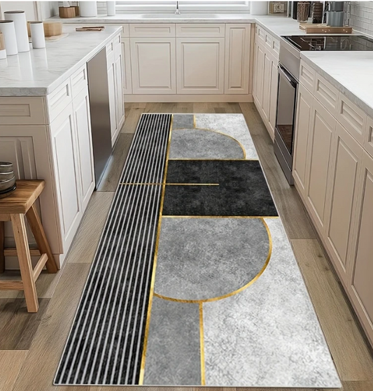 Moderne Geometrische Wasbare Loper – Grijs met Gouden Accenten – Zacht Antislip Tapijt van Polyester met TPR Onderkant