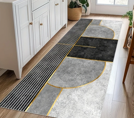 Moderne Geometrische Wasbare Loper – Grijs met Gouden Accenten – Zacht Antislip Tapijt van Polyester met TPR Onderkant