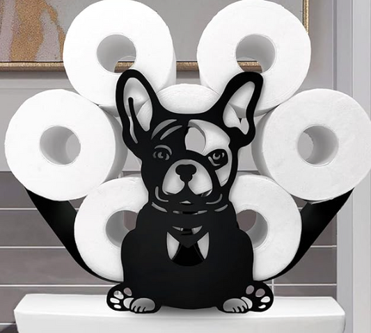 Toiletrolhouder Hond – Vrijstaand & Decoratief – Zwart Metaal – Industrieel Design – Badkameraccessoire – Voor 7 Rollen - Franse Bulldog