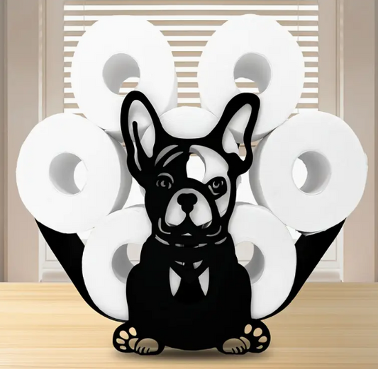 Toiletrolhouder Hond – Vrijstaand & Decoratief – Zwart Metaal – Industrieel Design – Badkameraccessoire – Voor 7 Rollen - Franse Bulldog