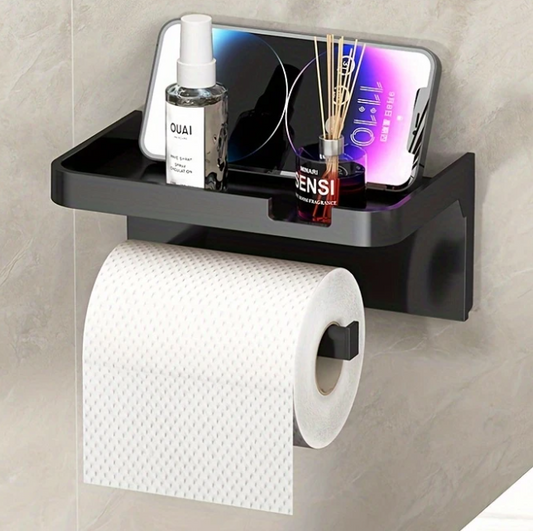Multifunctionele Zelfklevende Toiletrolhouder met Opbergvak – Zwart